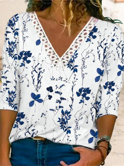 Women V-neck Long Sleeve Floral Printed Lace Tops