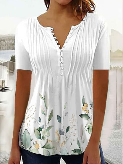 Women's Shirt Blouse Black White Green Floral Button Print Short Sleeve Casual Holiday Basic Round Neck Regular Floral S