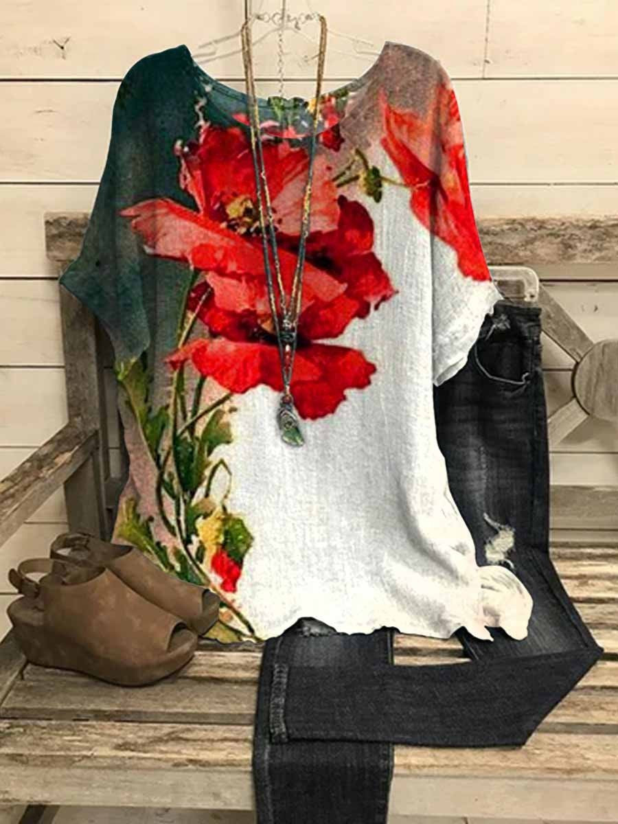 Women's Poppy Flower Printed Casual Top