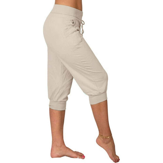 Women's Yoga Pants Drawstring with Pockets Cropped Tummy Control High Waist Yoga Fitness Gym Workout Capri Pants Bottoms Dark Grey Navy Apricot Spandex Sports Activewear High Elasticity Loose Fit