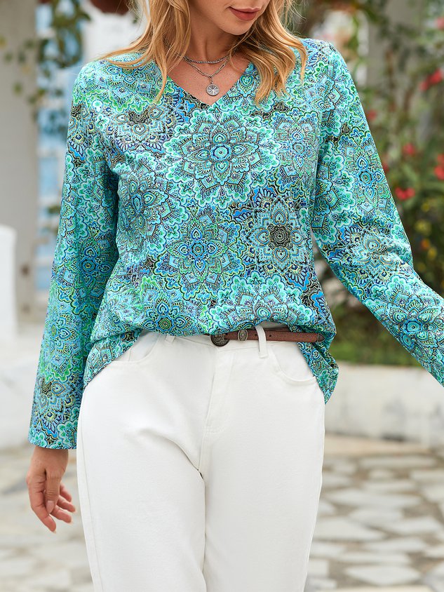V Neck Floral Vacation Casual T-Shirt/Tee