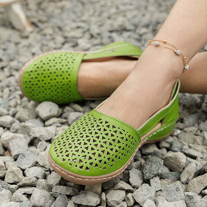 Women's Hollow Out Flat Sandals, Solid Color Cut-out Closed Toe Slip On Shoes, Casual Faux Leather Shoes