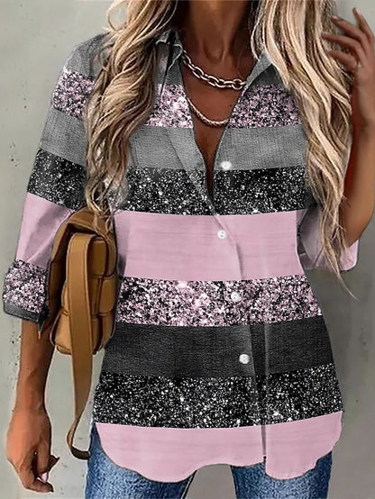 Women's Blouse Shirt Green Blue Purple Graphic Striped Button Print Long Sleeve Daily Weekend Streetwear Casual Shirt Collar Regular S