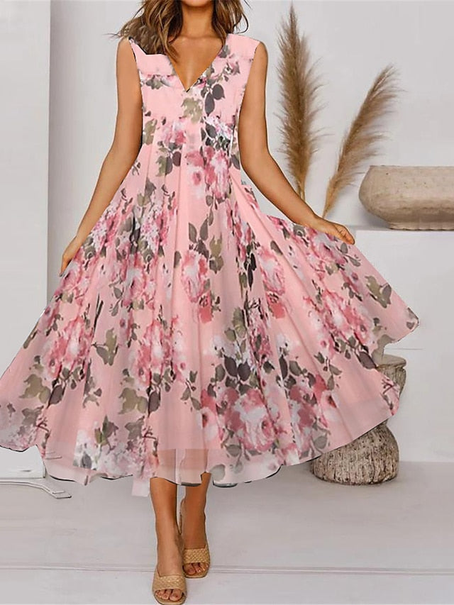 Women's Two Piece Dress Set Casual Dress Chiffon Dress Outdoor Daily Fashion Modern Print Midi Dress V Neck Half Sleeve Floral Regular Fit Pink Summer Spring S M L XL XXL