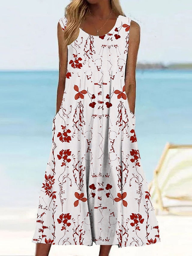 Women's Casual Dress Tank Dress Summer Dress Floral Print Crew Neck Midi Dress Active Fashion Daily Holiday Sleeveless Loose Fit Aqua Blue Cream Wine Summer Spring S M L XL XXL