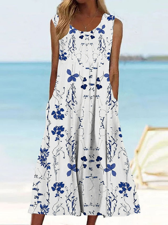 Women's Casual Dress Tank Dress Summer Dress Floral Print Crew Neck Midi Dress Active Fashion Daily Holiday Sleeveless Loose Fit Aqua Blue Cream Wine Summer Spring S M L XL XXL
