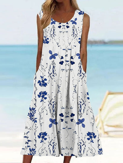 Women's Casual Dress Tank Dress Summer Dress Floral Print Crew Neck Midi Dress Active Fashion Daily Holiday Sleeveless Loose Fit Aqua Blue Cream Wine Summer Spring S M L XL XXL