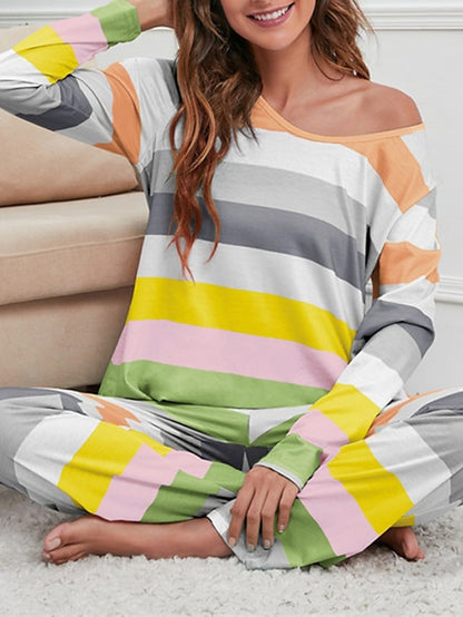 Women's Plus Size Pajamas Sets Nighty Pjs 2 Pieces Rainbow Stripe Fashion Comfort Soft Home Daily Bed Cotton Breathable V Wire Long Sleeve T shirt Tee Pant Fall Spring Blue Yellow