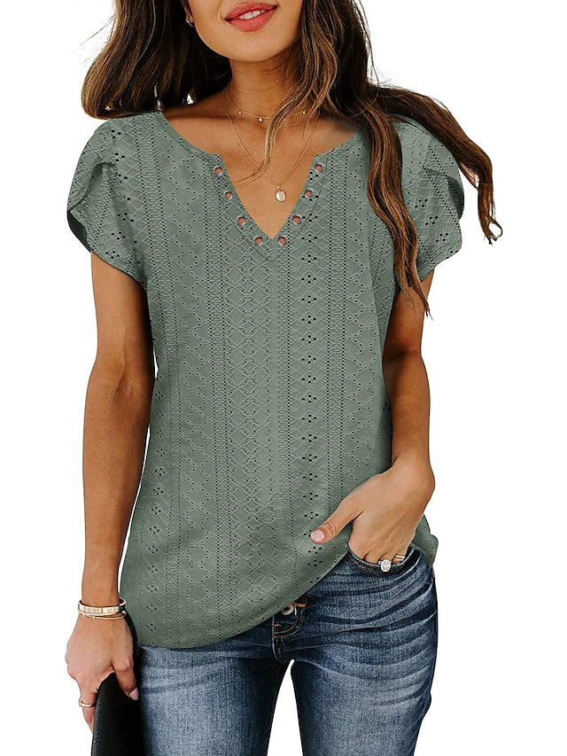 Women's T shirt Tee Light Blue Black White Plain Button Short Sleeve Casual Basic V Neck Regular S