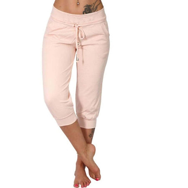 Women's Yoga Pants Drawstring with Pockets Cropped Tummy Control High Waist Yoga Fitness Gym Workout Capri Pants Bottoms Dark Grey Navy Apricot Spandex Sports Activewear High Elasticity Loose Fit