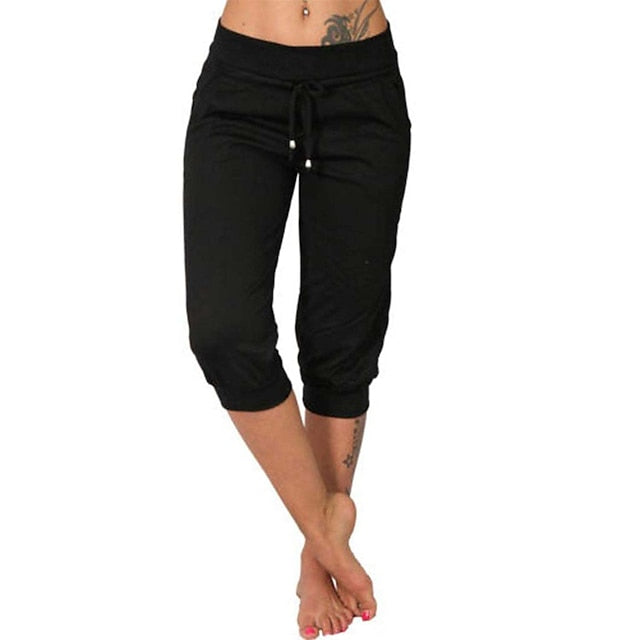 Women's Yoga Pants Drawstring with Pockets Cropped Tummy Control High Waist Yoga Fitness Gym Workout Capri Pants Bottoms Dark Grey Navy Apricot Spandex Sports Activewear High Elasticity Loose Fit