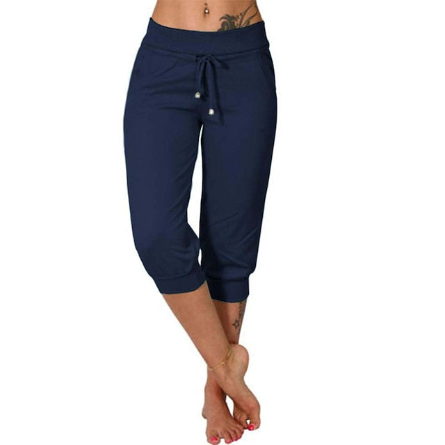 Women's Yoga Pants Drawstring with Pockets Cropped Tummy Control High Waist Yoga Fitness Gym Workout Capri Pants Bottoms Dark Grey Navy Apricot Spandex Sports Activewear High Elasticity Loose Fit