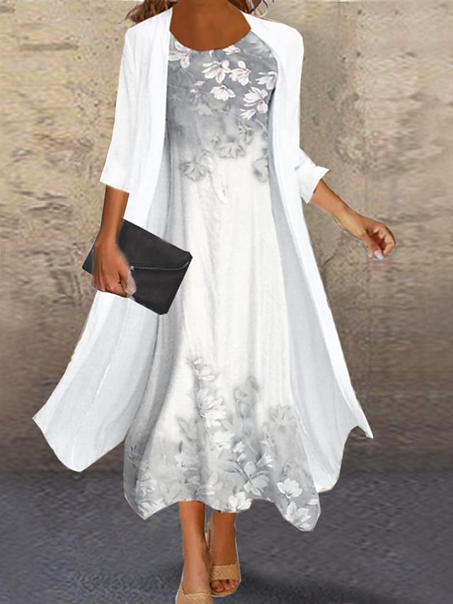 Women's Dress Set Two Piece Dress Midi Dress Green Blue Purple Pink White Long Sleeve Floral Ruched Print Fall Spring Crew Neck Elegant Casual Classic Fall Dress 2022 S M L XL XXL 3XL / Winter Dress