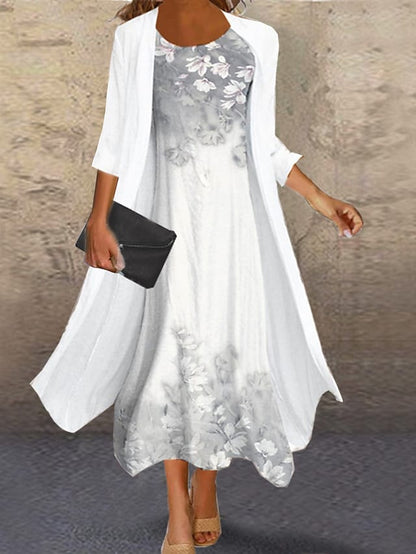 Women's Dress Set Two Piece Dress Midi Dress Green Blue Purple Pink White Long Sleeve Floral Ruched Print Fall Spring Crew Neck Elegant Casual Classic Fall Dress 2022 S M L XL XXL 3XL / Winter Dress