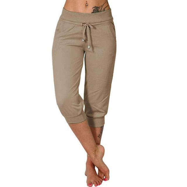 Women's Yoga Pants Drawstring with Pockets Cropped Tummy Control High Waist Yoga Fitness Gym Workout Capri Pants Bottoms Dark Grey Navy Apricot Spandex Sports Activewear High Elasticity Loose Fit