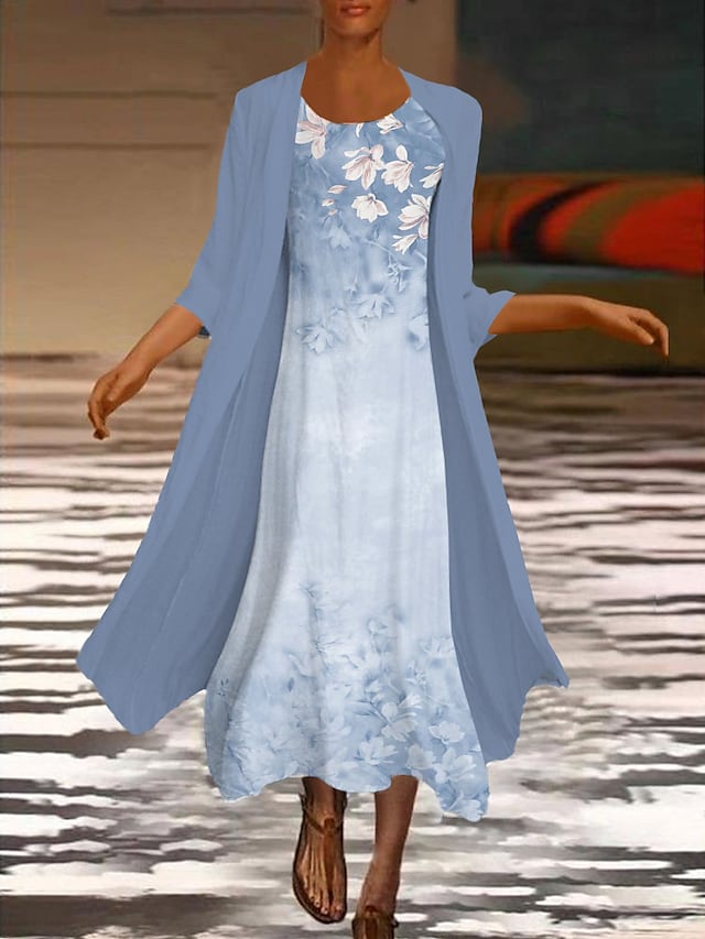 Women's Dress Set Two Piece Dress Midi Dress Green Blue Purple Pink White Long Sleeve Floral Ruched Print Fall Spring Crew Neck Elegant Casual Classic Fall Dress 2022 S M L XL XXL 3XL / Winter Dress