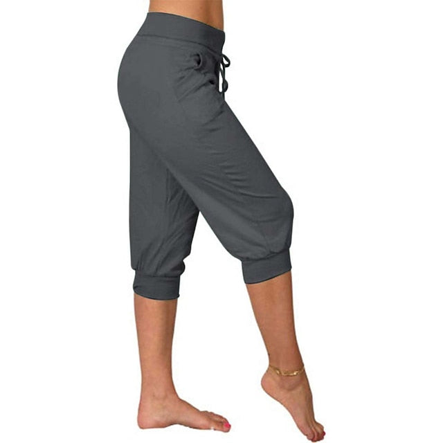 Women's Yoga Pants Drawstring with Pockets Cropped Tummy Control High Waist Yoga Fitness Gym Workout Capri Pants Bottoms Dark Grey Navy Apricot Spandex Sports Activewear High Elasticity Loose Fit