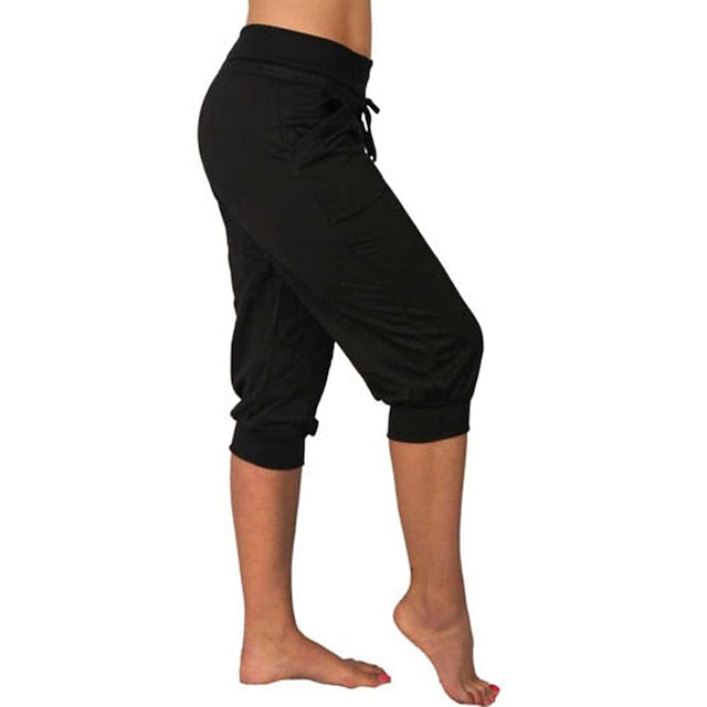 Women's Yoga Pants Drawstring with Pockets Cropped Tummy Control High Waist Yoga Fitness Gym Workout Capri Pants Bottoms Dark Grey Navy Apricot Spandex Sports Activewear High Elasticity Loose Fit
