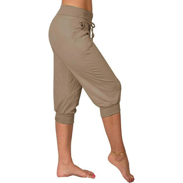 Women's Yoga Pants Drawstring with Pockets Cropped Tummy Control High Waist Yoga Fitness Gym Workout Capri Pants Bottoms Dark Grey Navy Apricot Spandex Sports Activewear High Elasticity Loose Fit