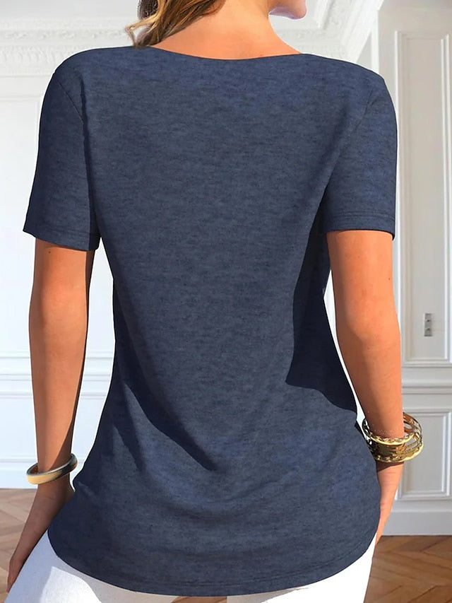 Women's T shirt Tee Blouse Black Red Navy Blue Plain Button Short Sleeve Casual Basic Round Neck Regular S