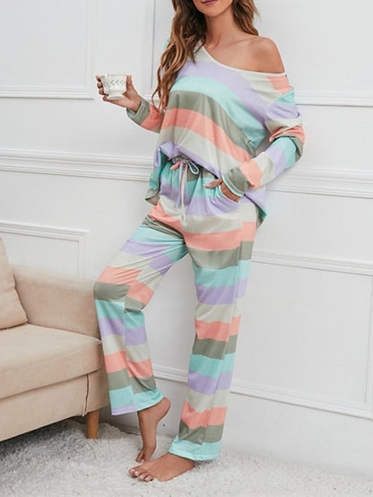 Women's Plus Size Pajamas Sets Nighty Pjs 2 Pieces Rainbow Stripe Fashion Comfort Soft Home Daily Bed Cotton Breathable V Wire Long Sleeve T shirt Tee Pant Fall Spring Blue Yellow