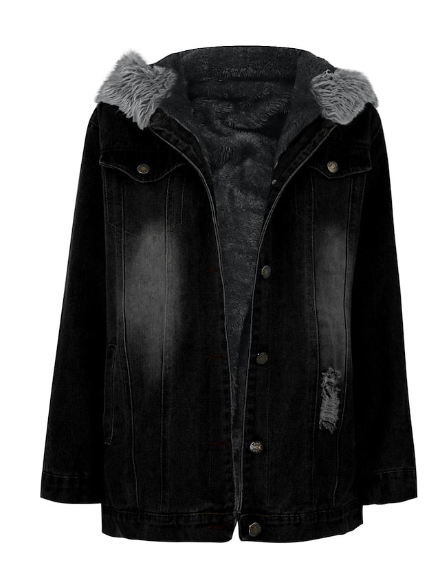 Women's Denim Jacket Hoodie Jacket Daily Fall Winter Regular Coat Loose Fit Streetwear Jacket Long Sleeve Pocket Black Blue Grey