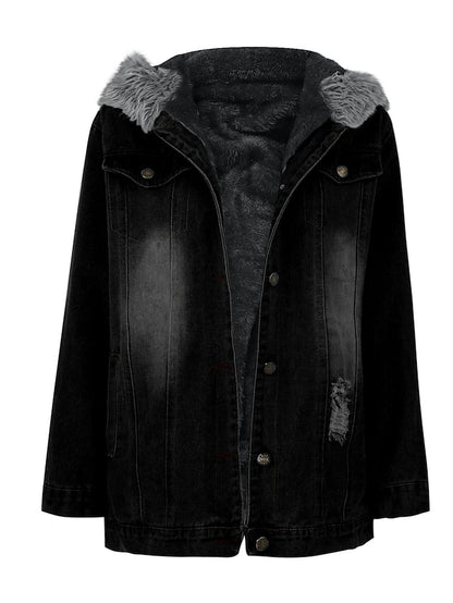 Women's Denim Jacket Hoodie Jacket Daily Fall Winter Regular Coat Loose Fit Streetwear Jacket Long Sleeve Pocket Black Blue Grey