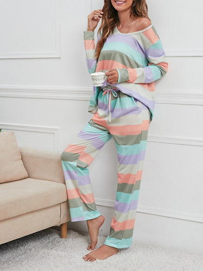 Women's Plus Size Pajamas Sets Nighty Pjs 2 Pieces Rainbow Stripe Fashion Comfort Soft Home Daily Bed Cotton Breathable V Wire Long Sleeve T shirt Tee Pant Fall Spring Blue Yellow