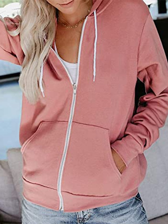 Women's Hoodied Jacket Casual Jacket Fall Spring Outdoor Zipper Plain Breathable Streetwear Regular Fit Outerwear Long Sleeve Summer Black S