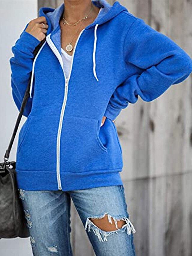 Women's Hoodied Jacket Casual Jacket Fall Spring Outdoor Zipper Plain Breathable Streetwear Regular Fit Outerwear Long Sleeve Summer Black S
