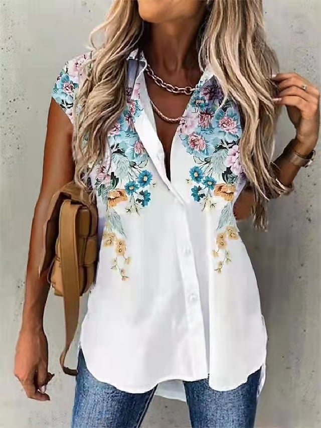 Women's Shirt Blouse Black White Blue Butterfly Button Print Short Sleeve Casual Weekend Basic Shirt Collar Regular Butterfly S