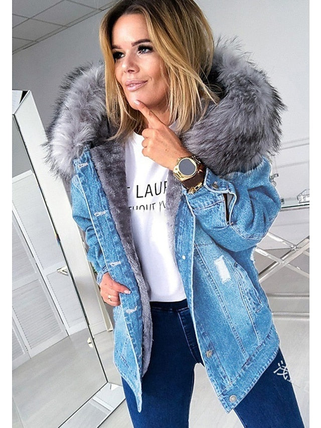 Women's Denim Jacket Hoodie Jacket Daily Fall Winter Regular Coat Loose Fit Streetwear Jacket Long Sleeve Pocket Black Blue Grey