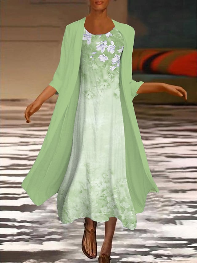Women's Dress Set Two Piece Dress Midi Dress Green Blue Purple Pink White Long Sleeve Floral Ruched Print Fall Spring Crew Neck Elegant Casual Classic Fall Dress 2022 S M L XL XXL 3XL / Winter Dress