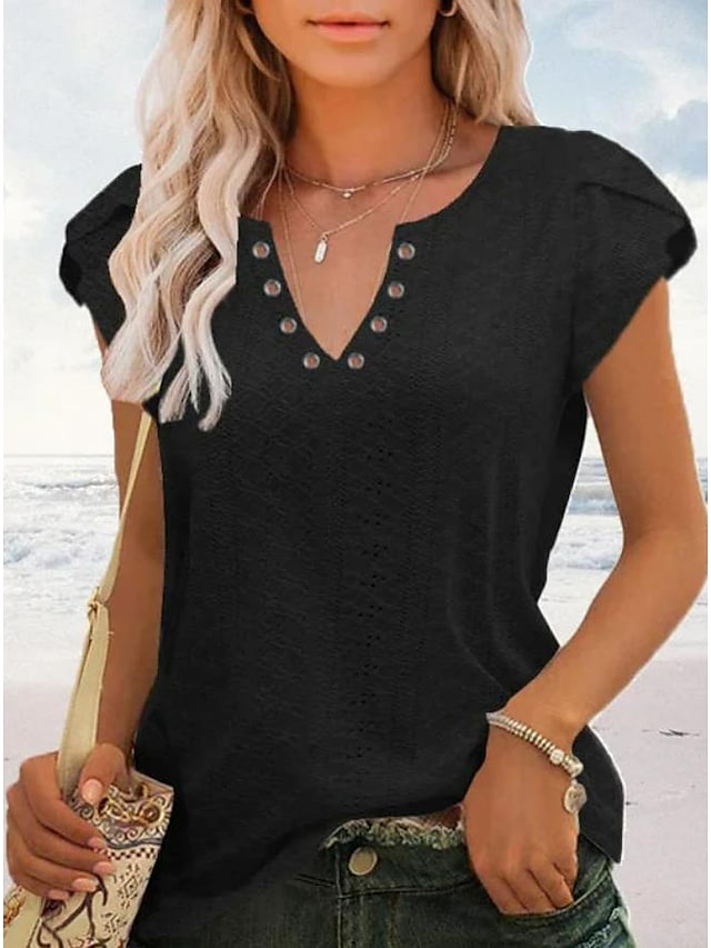 Women's T shirt Tee Light Blue Black White Plain Button Short Sleeve Casual Basic V Neck Regular S
