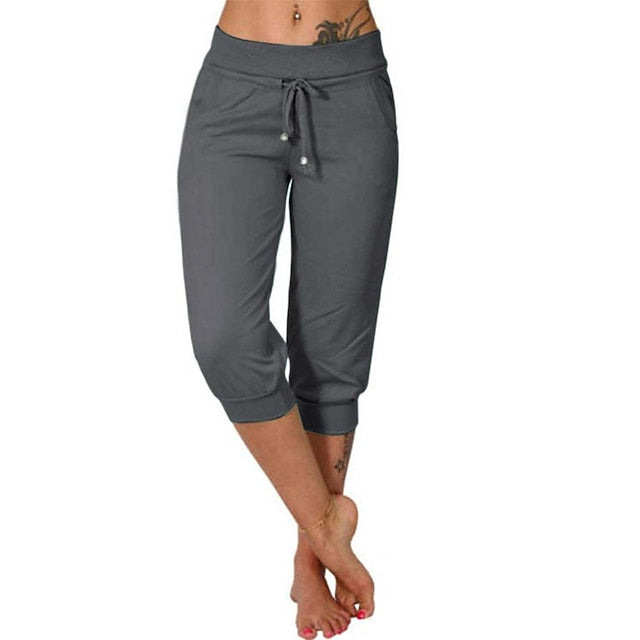 Women's Yoga Pants Drawstring with Pockets Cropped Tummy Control High Waist Yoga Fitness Gym Workout Capri Pants Bottoms Dark Grey Navy Apricot Spandex Sports Activewear High Elasticity Loose Fit