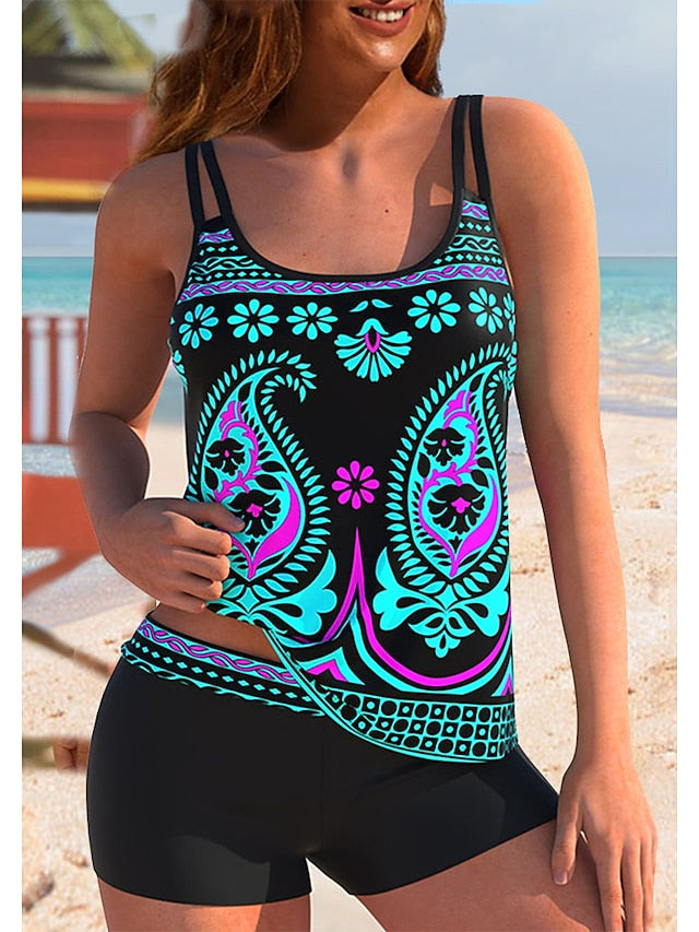 Women's Swimwear Tankini 2 Piece Plus Size Swimsuit 2 Piece Graphic Light Blue Yellow Blue Purple Rainbow Tank Top High Neck Bathing Suits Sports Summer