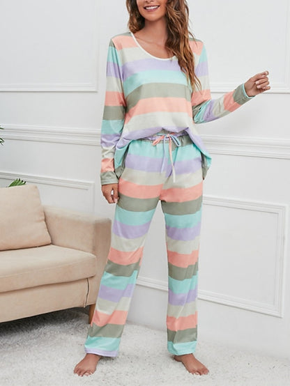 Women's Plus Size Pajamas Sets Nighty Pjs 2 Pieces Rainbow Stripe Fashion Comfort Soft Home Daily Bed Cotton Breathable V Wire Long Sleeve T shirt Tee Pant Fall Spring Blue Yellow