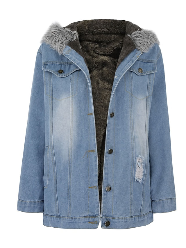 Women's Denim Jacket Hoodie Jacket Daily Fall Winter Regular Coat Loose Fit Streetwear Jacket Long Sleeve Pocket Black Blue Grey
