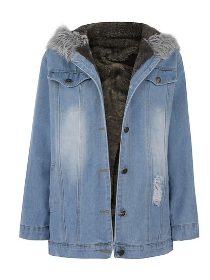 Women's Denim Jacket Hoodie Jacket Daily Fall Winter Regular Coat Loose Fit Streetwear Jacket Long Sleeve Pocket Black Blue Grey