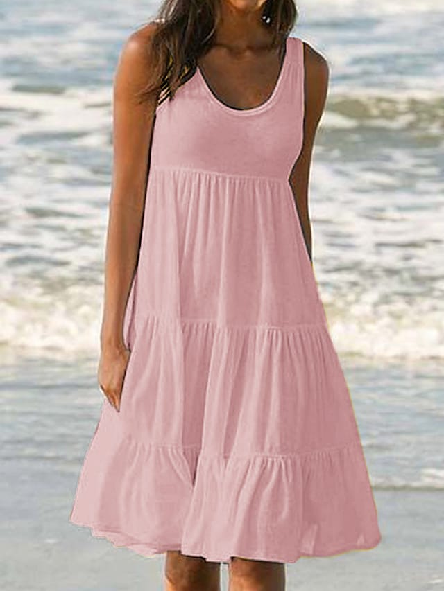 Women's White Dress Sundress Midi Dress Black And White Light Pink Green Sleeveless Pure Color Ruched Spring Summer Crew Neck Basic Boom Sale Dress S M L XL XXL 3XL 4XL 5XL