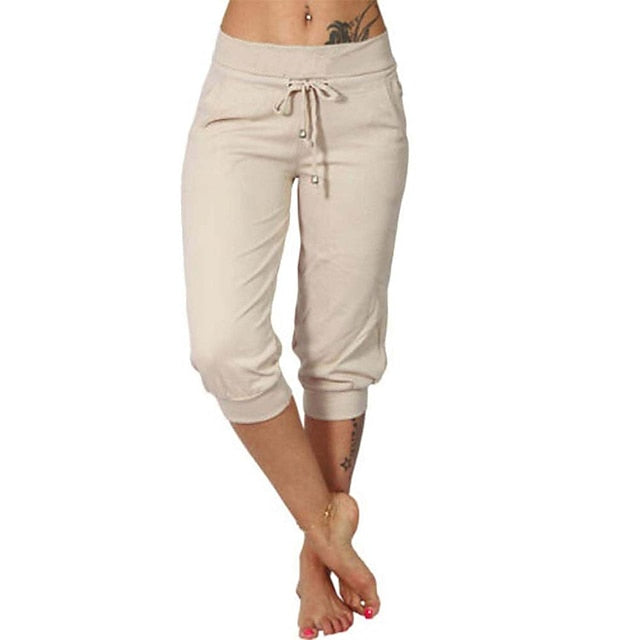 Women's Yoga Pants Drawstring with Pockets Cropped Tummy Control High Waist Yoga Fitness Gym Workout Capri Pants Bottoms Dark Grey Navy Apricot Spandex Sports Activewear High Elasticity Loose Fit