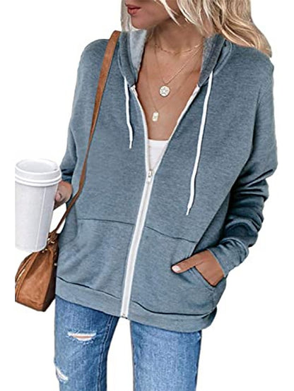 Women's Hoodied Jacket Casual Jacket Fall Spring Outdoor Zipper Plain Breathable Streetwear Regular Fit Outerwear Long Sleeve Summer Black S