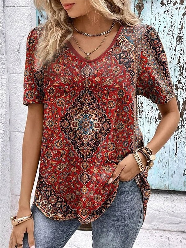 Women's T shirt Tee White Light Green Pink Floral Print Short Sleeve Holiday Weekend Basic V Neck Regular Floral Painting S