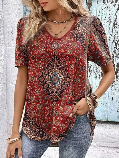 Women's T shirt Tee White Light Green Pink Floral Print Short Sleeve Holiday Weekend Basic V Neck Regular Floral Painting S