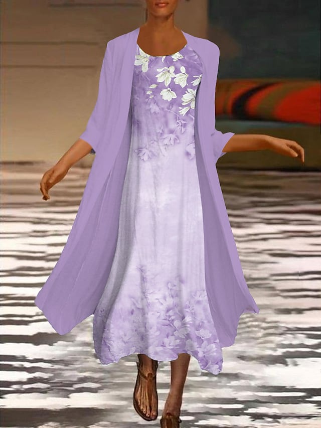 Women's Dress Set Two Piece Dress Midi Dress Green Blue Purple Pink White Long Sleeve Floral Ruched Print Fall Spring Crew Neck Elegant Casual Classic Fall Dress 2022 S M L XL XXL 3XL / Winter Dress