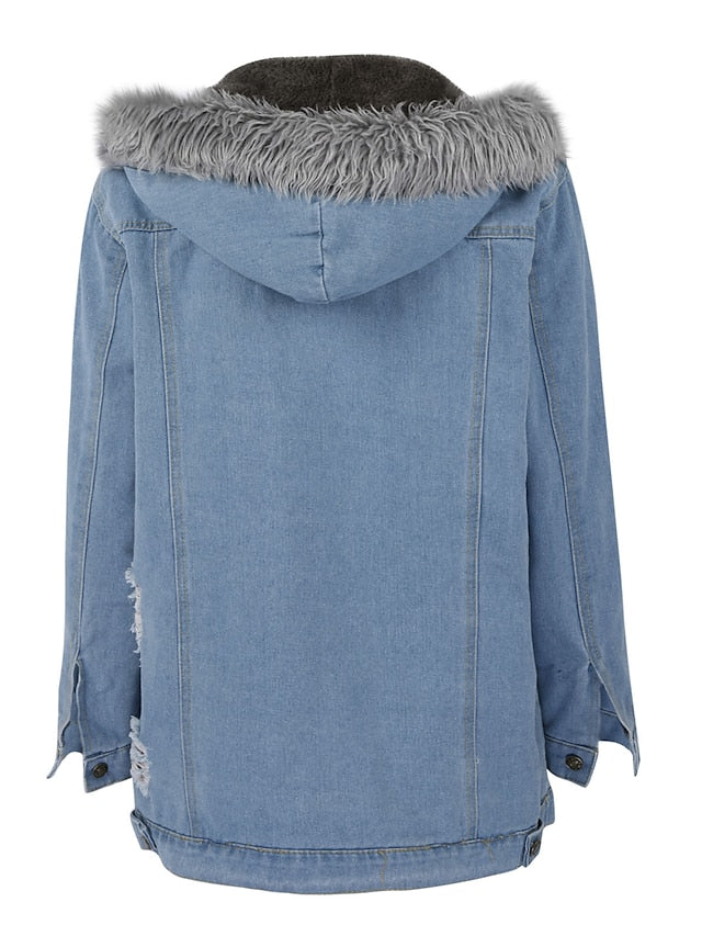 Women's Denim Jacket Hoodie Jacket Daily Fall Winter Regular Coat Loose Fit Streetwear Jacket Long Sleeve Pocket Black Blue Grey